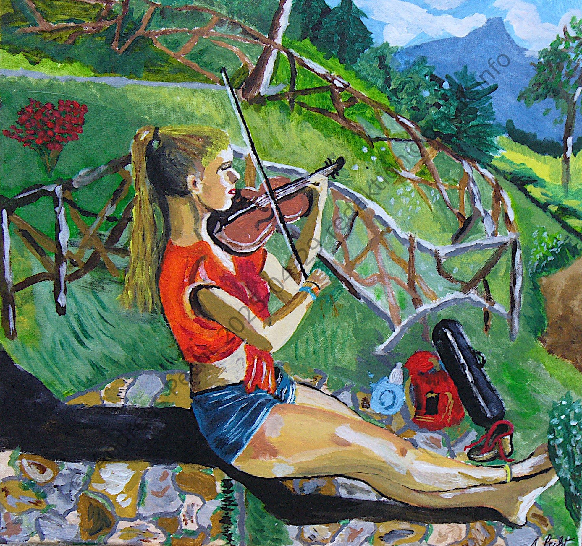 Geigerin in Landschaft